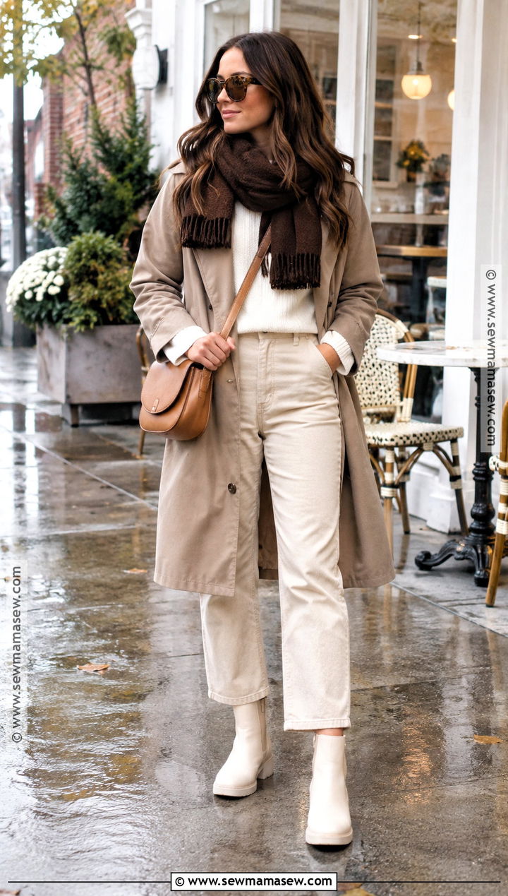 Cream Rain Boots With Monochrome Neutral Layers - 15 rain boot outfit fall ideas