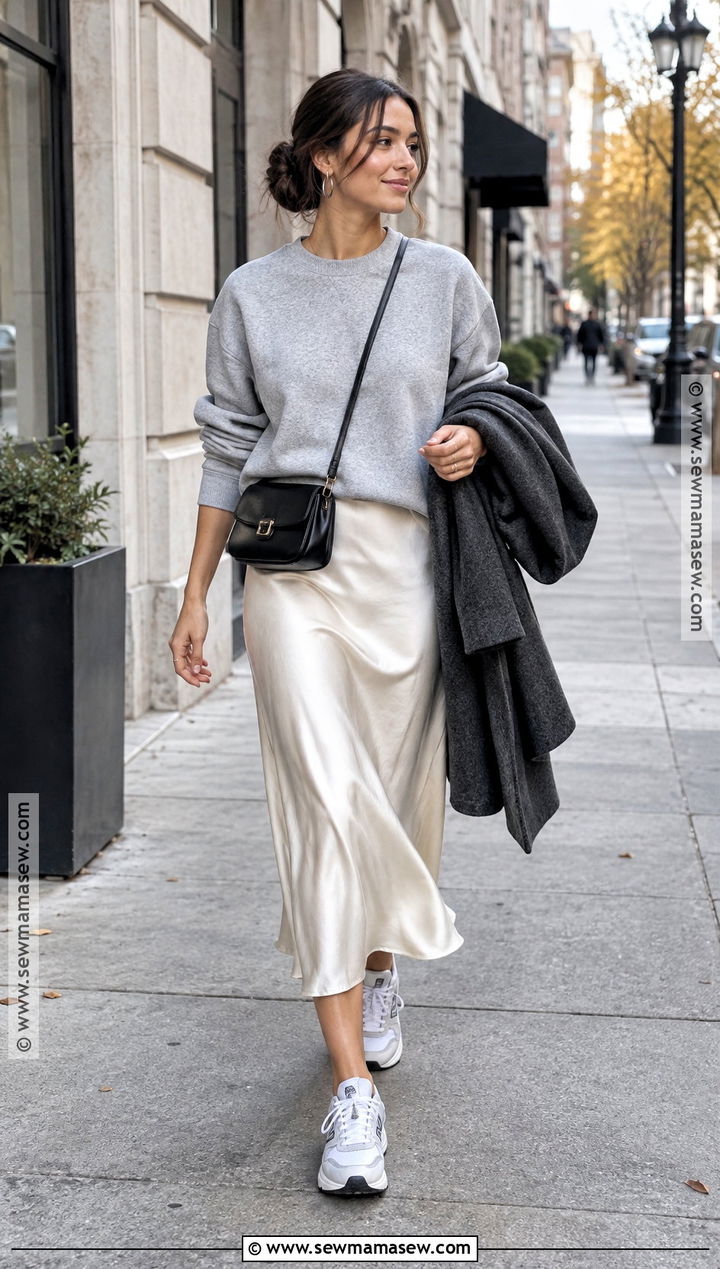 Cream Satin Skirt With Gray Sweatshirt And Sneakers - 15 cream satin skirt outfit fall ideas