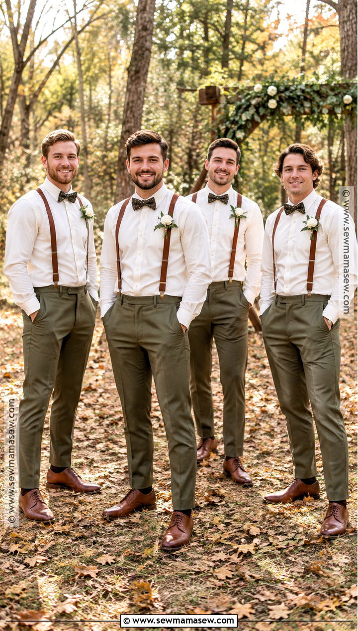 Cream Shirt With Olive Trousers And Suspenders - 15 fall wedding groomsmen attire suspenders ideas