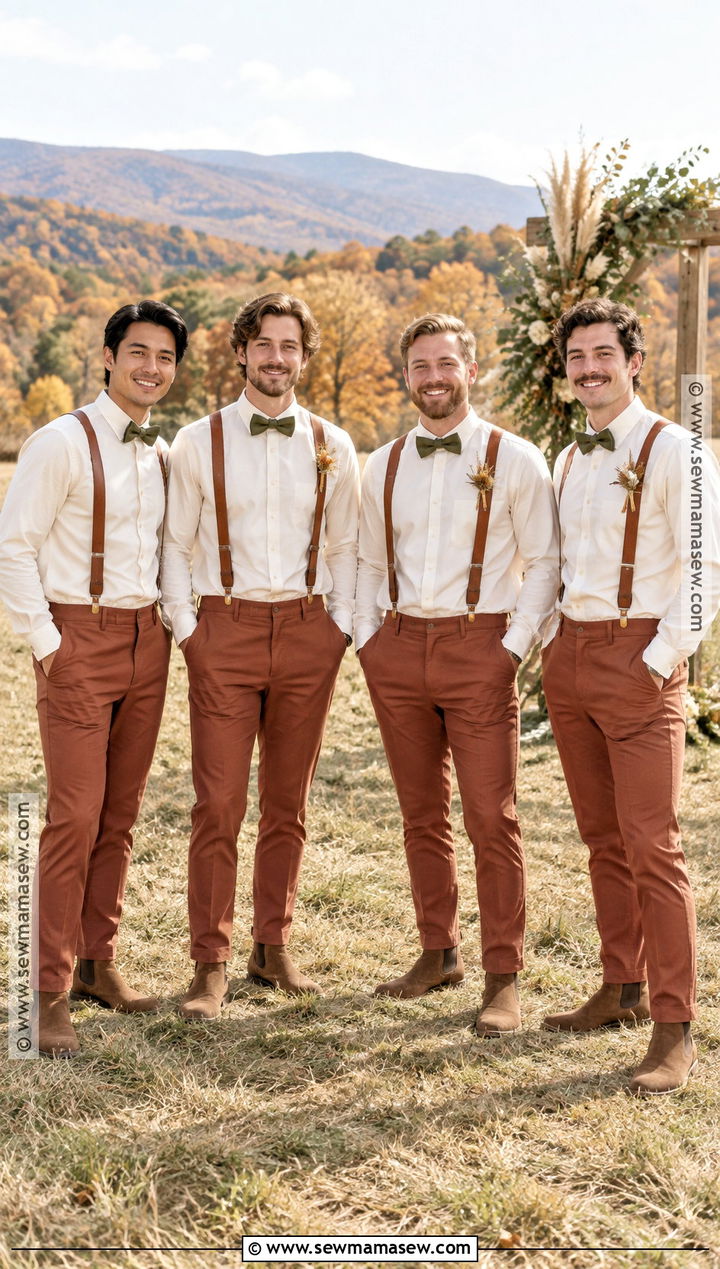 Cream Shirt With Rust Trousers And Leather Suspenders - 15 fall boho groomsmen attire ideas