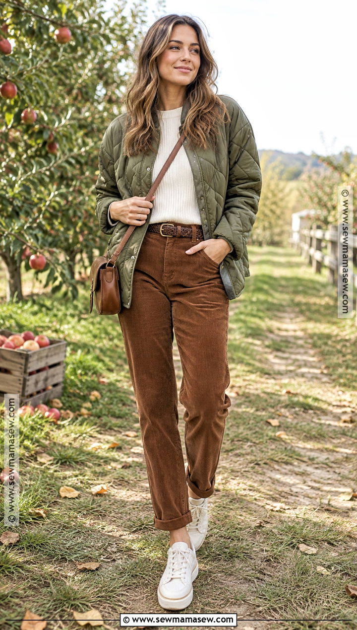 Cream Sneakers With Corduroy Pants and Quilted Jacket - 15 Fall Color Sneakers