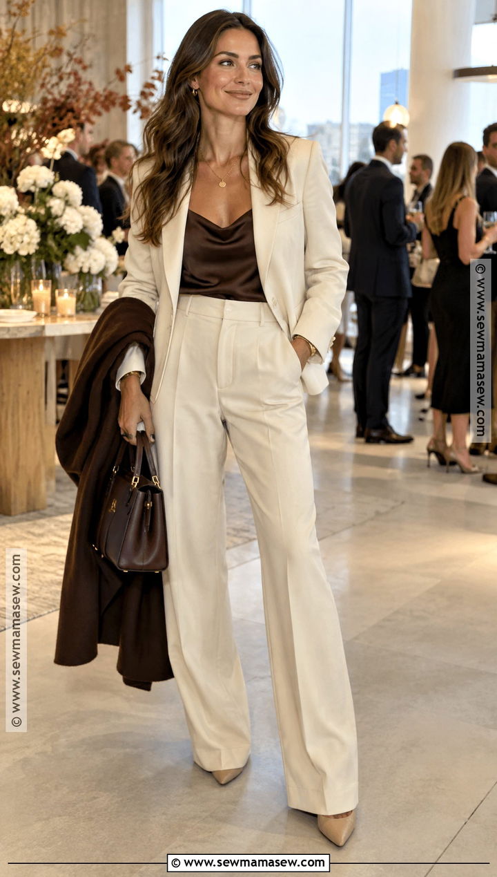 Cream Suit And Pointed Heels Party Outfit - 20 Party Autumn Outfit Ideas
