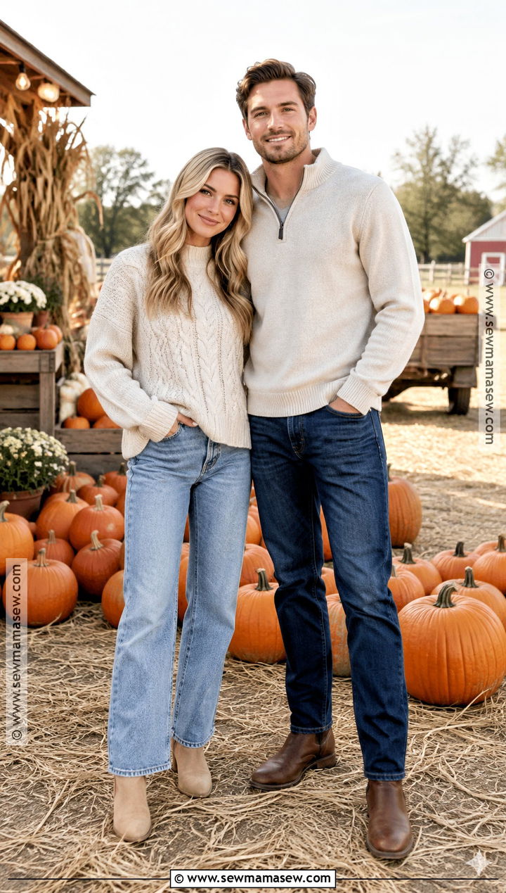 Cream Sweater And Blue Jeans Couple Outfit - 25 pumpkin patch outfit ideas for couples