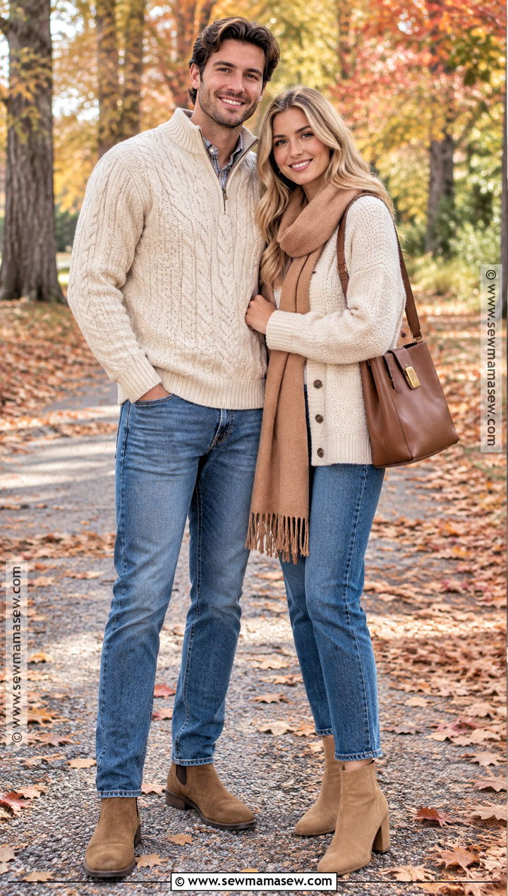 Cream Sweater And Blue Jeans Couple Outfit - 20 fall matching outfits for couples