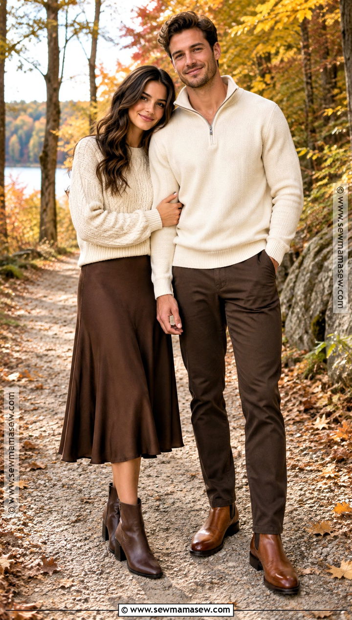 Cream Sweater And Brown Pants Fall Couples Photo Outfit - 20 Fall Outfits Couples Photo Ideas