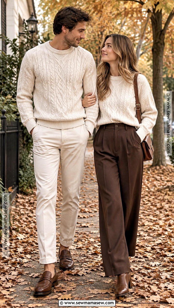 Cream Sweater And Brown Trousers Autumn Couple Outfit - 20 autumn couple outfit ideas