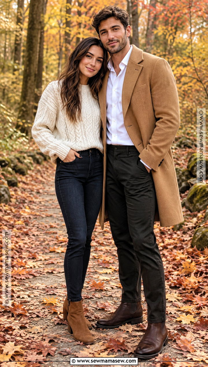 Cream Sweater And Camel Coat Fall Couple Outfit - 25 fall photo shoot outfits for couples