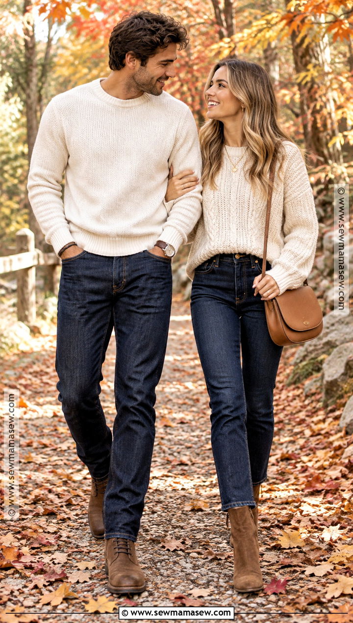 Cream Sweater And Dark Denim Fall Couples Outfit - 15 fall couples pics outfits