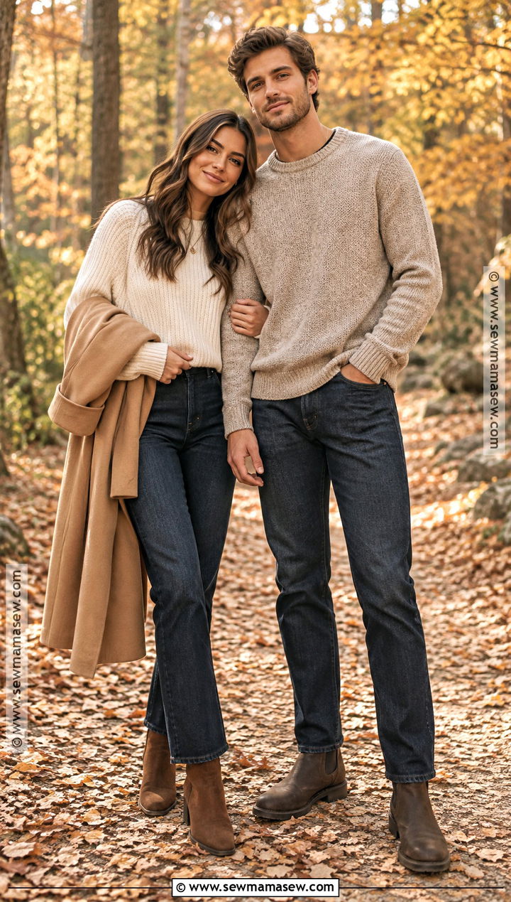 Cream Sweater And Dark Jeans Couples Fall Photoshoot Outfit - 25 couples fall photoshoot outfits