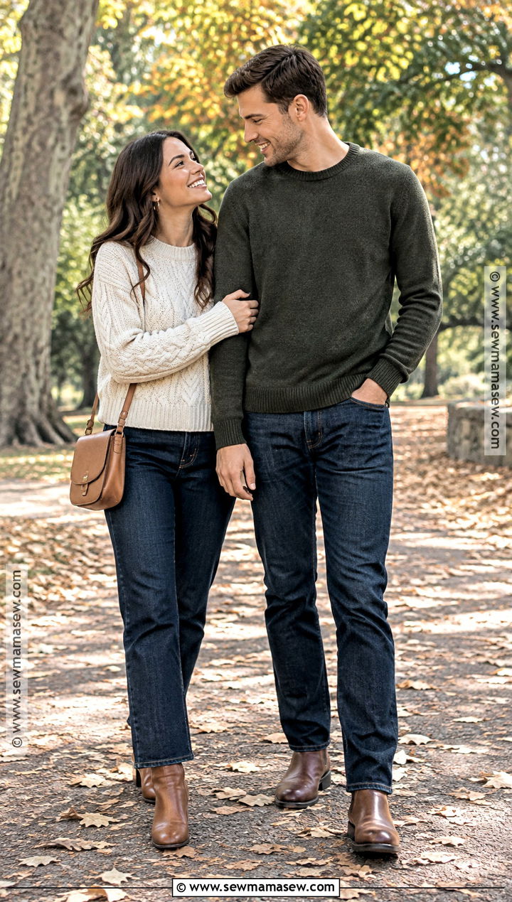 Cream Sweater And Dark Jeans Engagement Outfit - 15 fall engagement photoshoot outfits