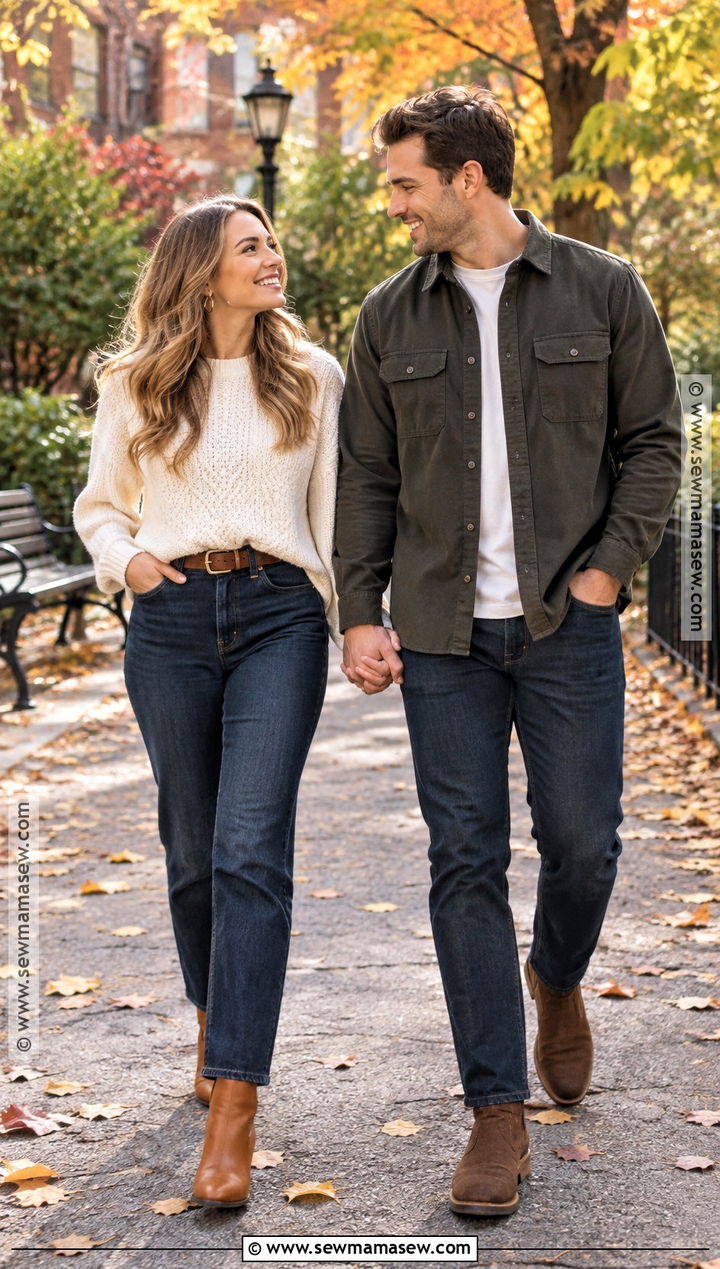 Cream Sweater And Dark Jeans Fall Engagement Photo Outfit - 25 engagement photos outfits fall