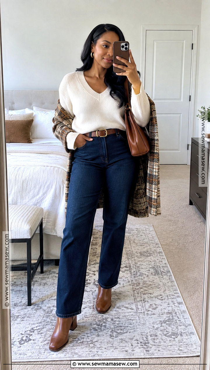 Cream Sweater And Dark Jeans Thanksgiving Outfit - 15 black woman thanksgiving outfit ideas