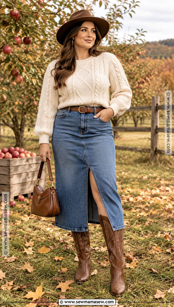 Cream Sweater And Denim Skirt Western Fall Outfit - 15 western fall photoshoot outfits