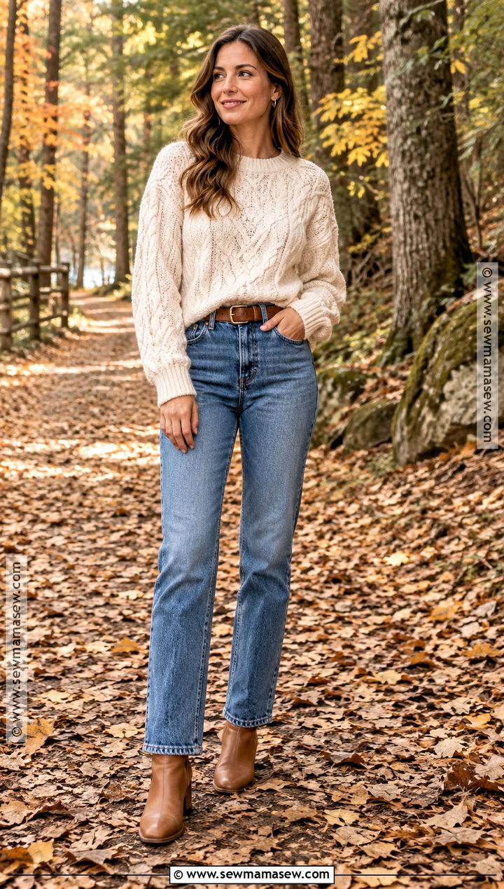 Cream Sweater And Jeans Autumn Photoshoot Outfit - 15 autumn outfit photoshoot ideas