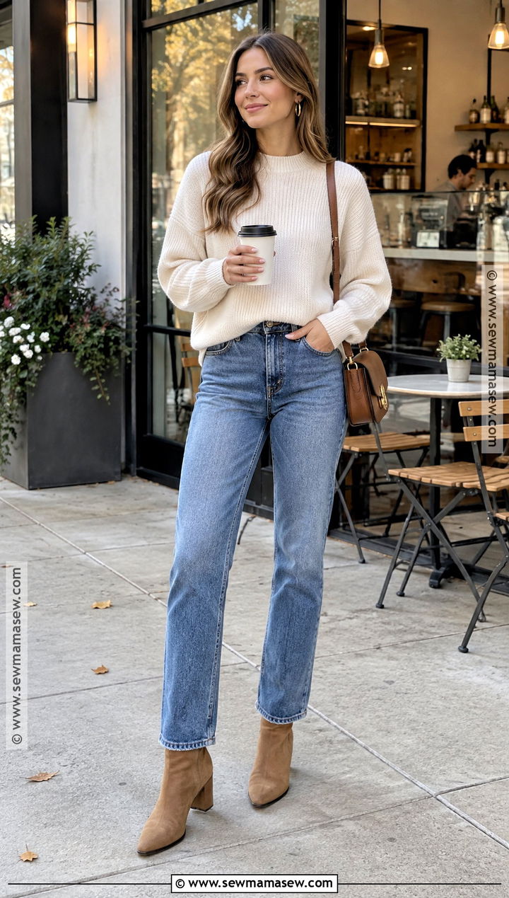 Cream Sweater And Jeans Coffee Date Outfit - 20 fall coffee date outfit ideas