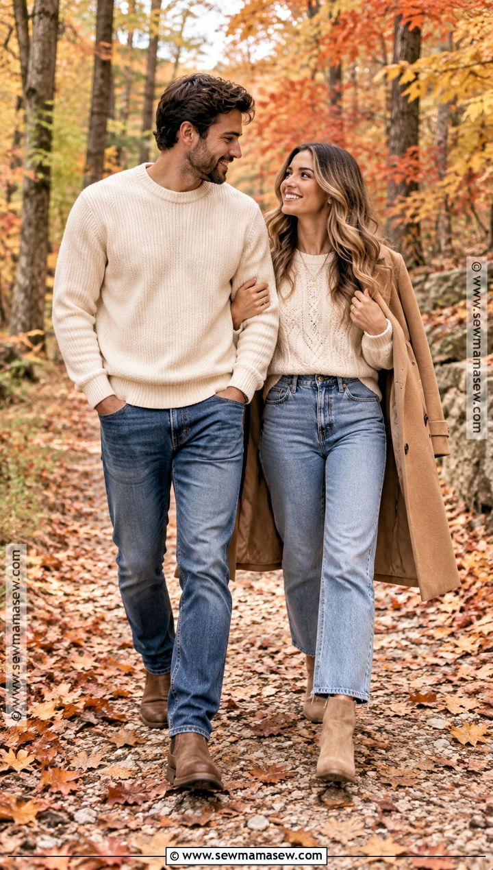 Cream Sweater And Jeans Fall Couple Outfit - 20 fall couple photoshoot outfits photo ideas outdoor