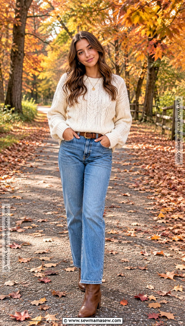 Cream Sweater And Jeans Fall Senior Picture Outfit - 20 Fall Senior Picture Ideas Outfits