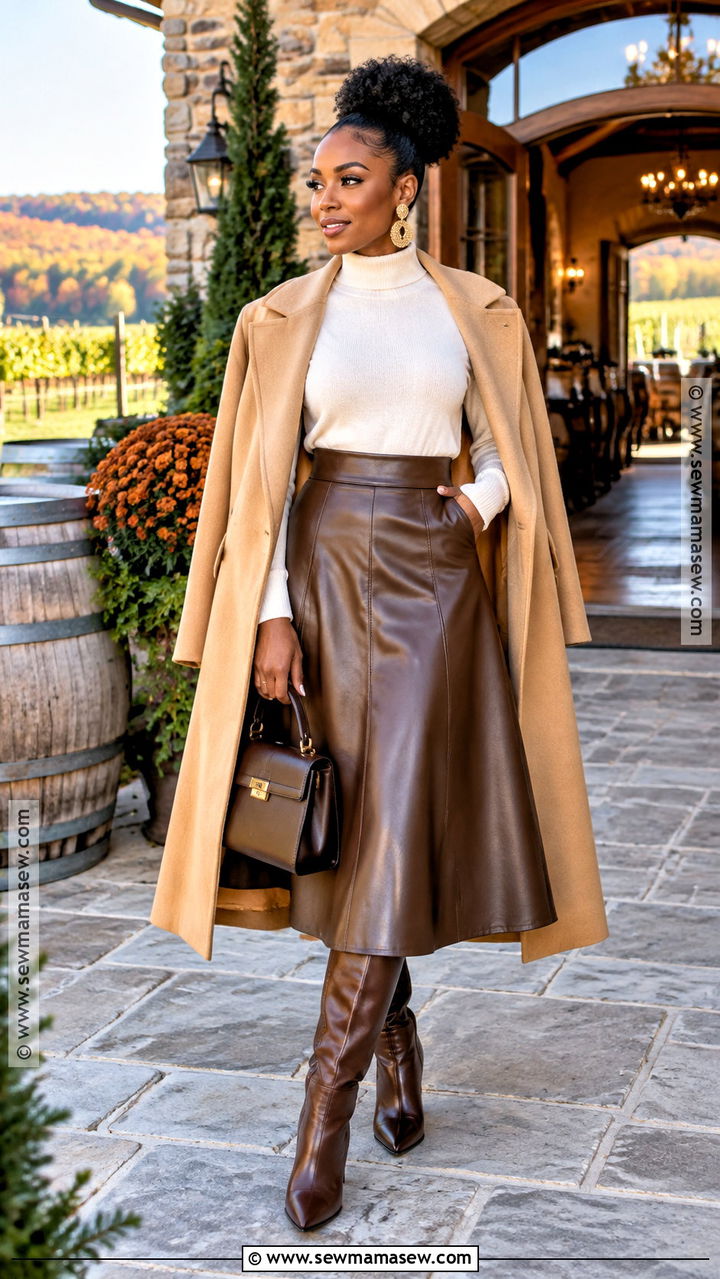 Cream Sweater And Leather Midi Skirt Winery Outfit - 20 winery outfit fall ideas for black women