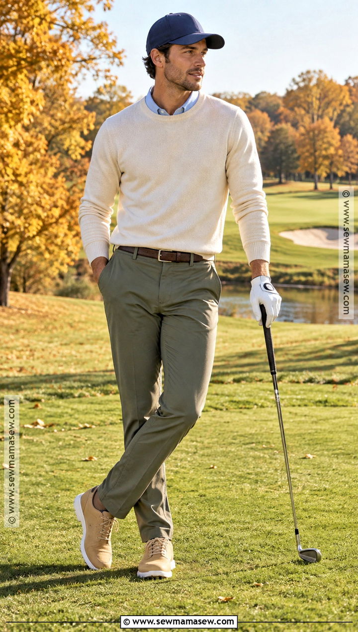 Cream Sweater And Olive Pants Outfit - 20 fall golf outfits for men