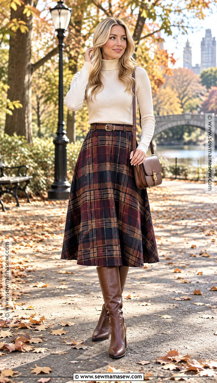 Cream Sweater And Plaid Skirt Outfit For Blonde Hair - 20 fall outfits blonde