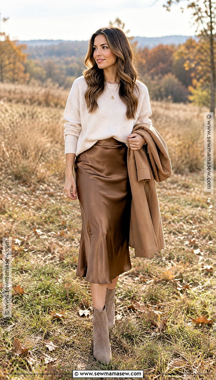 Cream Sweater And Satin Skirt Engagement Outfit - 15 engagement fall outfits