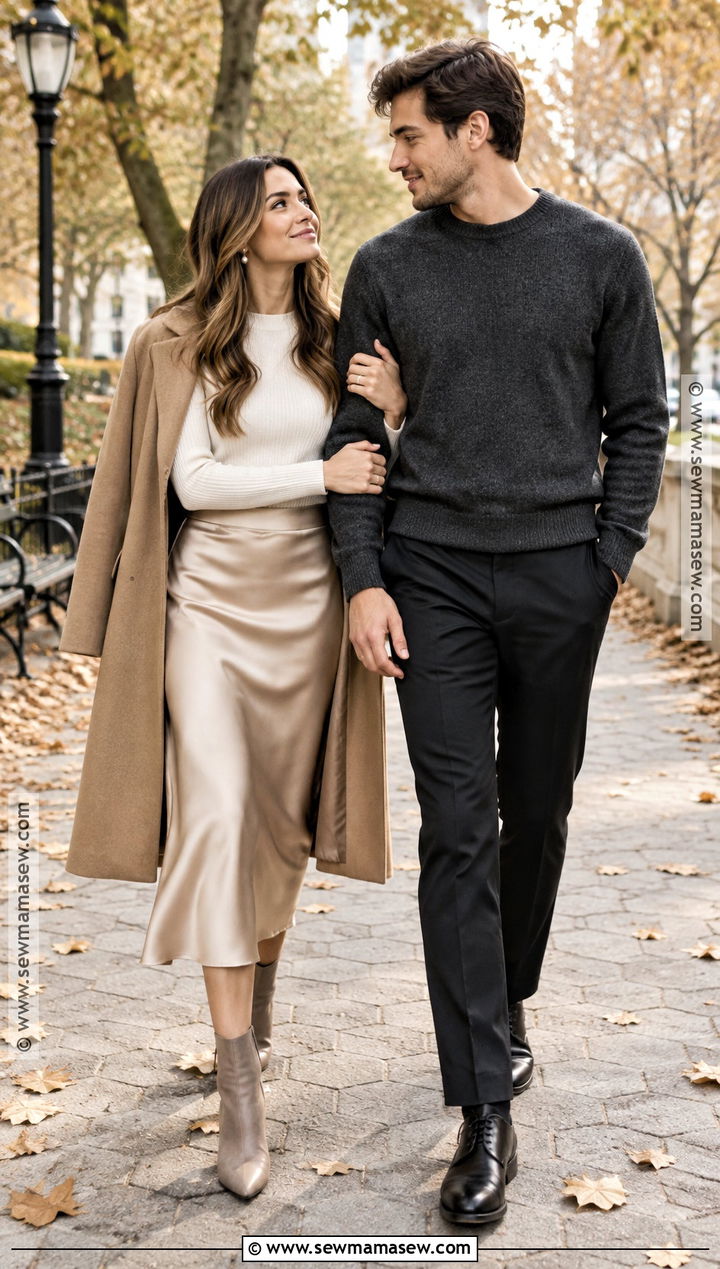 Cream Sweater And Satin Skirt Engagement Photo Outfit - 15 engagement photo outfit ideas fall