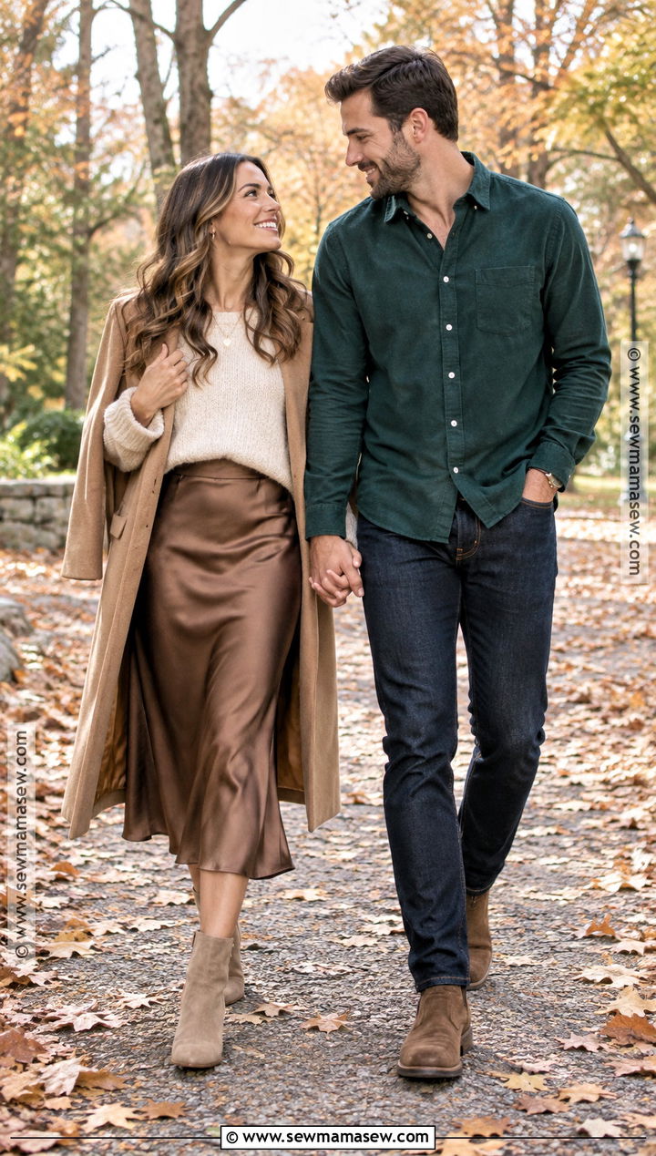 Cream Sweater And Satin Skirt Engagement Photo Outfit - 15 engagement photo fall outfits