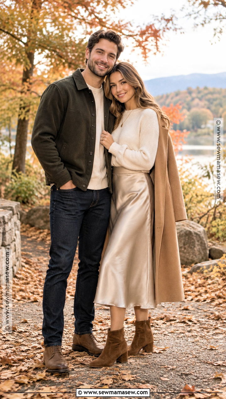 Cream Sweater And Satin Skirt Fall Engagement Photo Outfit - 20 outdoor engagement photos outfits fall