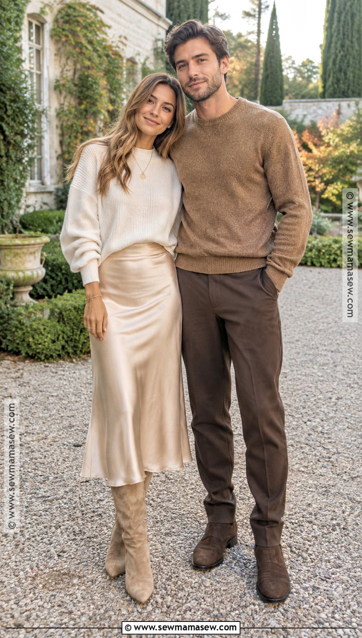 Cream Sweater And Satin Skirt Fall Engagement Photo Outfit - 25 fall engagement photos outfits