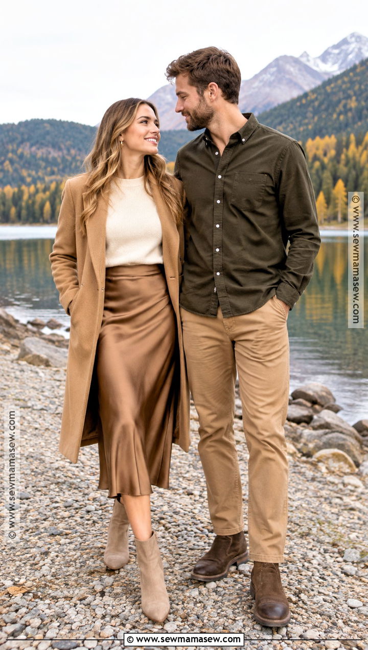 Cream Sweater And Satin Skirt Mountain Engagement Outfit - 15 Fall Mountain Engagement Photos Outfit Ideas