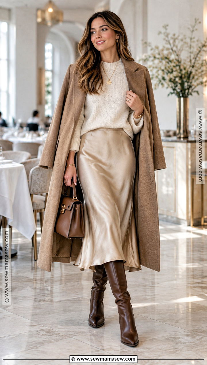 Cream Sweater And Satin Skirt Outfit - 25 capsule wardrobe 2026 fallwinter ideas