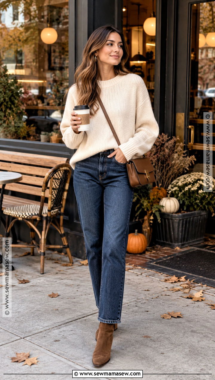 Cream Sweater And Straight Jeans Coffee Date Outfit - 15 coffee date fall outfit ideas
