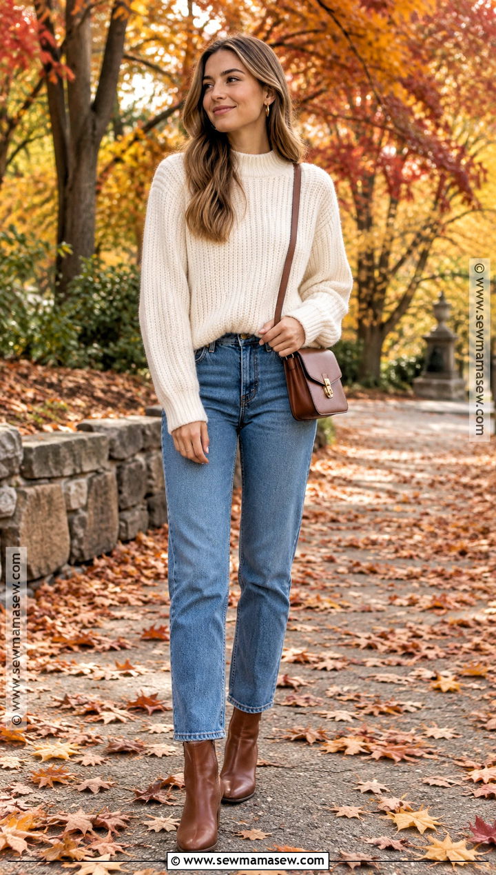 Cream Sweater And Straight Jeans Fall Picture Outfit - 25 fall picture outfits