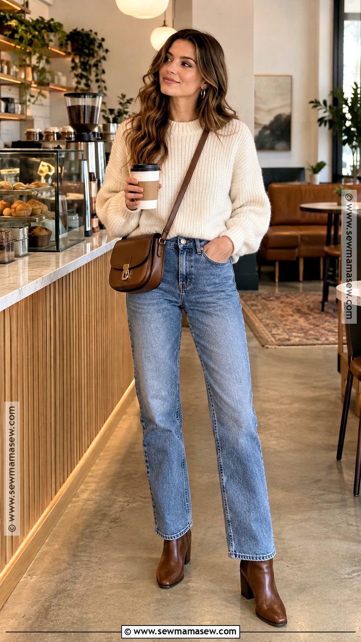 Cream Sweater And Straight Leg Jeans Coffee Shop Outfit - 20 Fall Coffee Shop Outfit Ideas