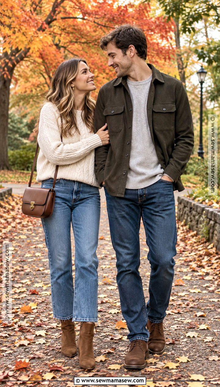 Cream Sweater And Straight Leg Jeans Fall Engagement Outfit - 15 casual engagement pictures outfits fall