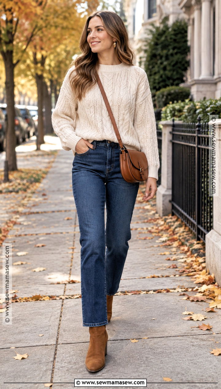 Cream Sweater And Straight Leg Jeans Fall Outfit - 25 cozy fall outfits aesthetic