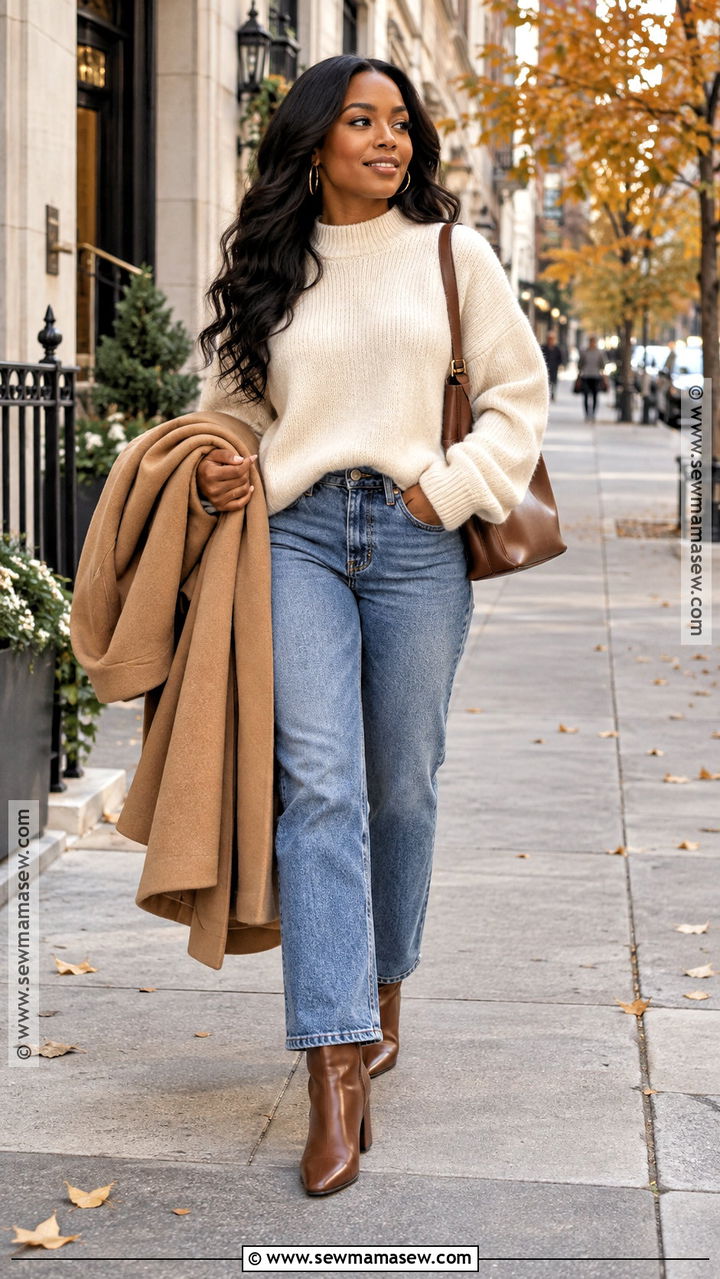 Cream Sweater And Straight Leg Jeans Fall Outfit - 20 cozy fall outfits for black women