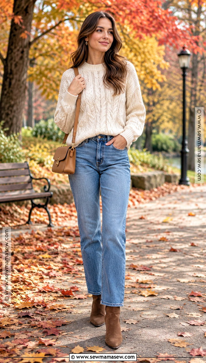 Cream Sweater And Straight Leg Jeans Fall Photos Outfit - 15 fall photos outfit ideas