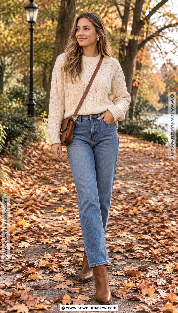 Cream Sweater And Straight Leg Jeans Fall Photoshoot Outfit - 20 fall photoshoot outfits for women