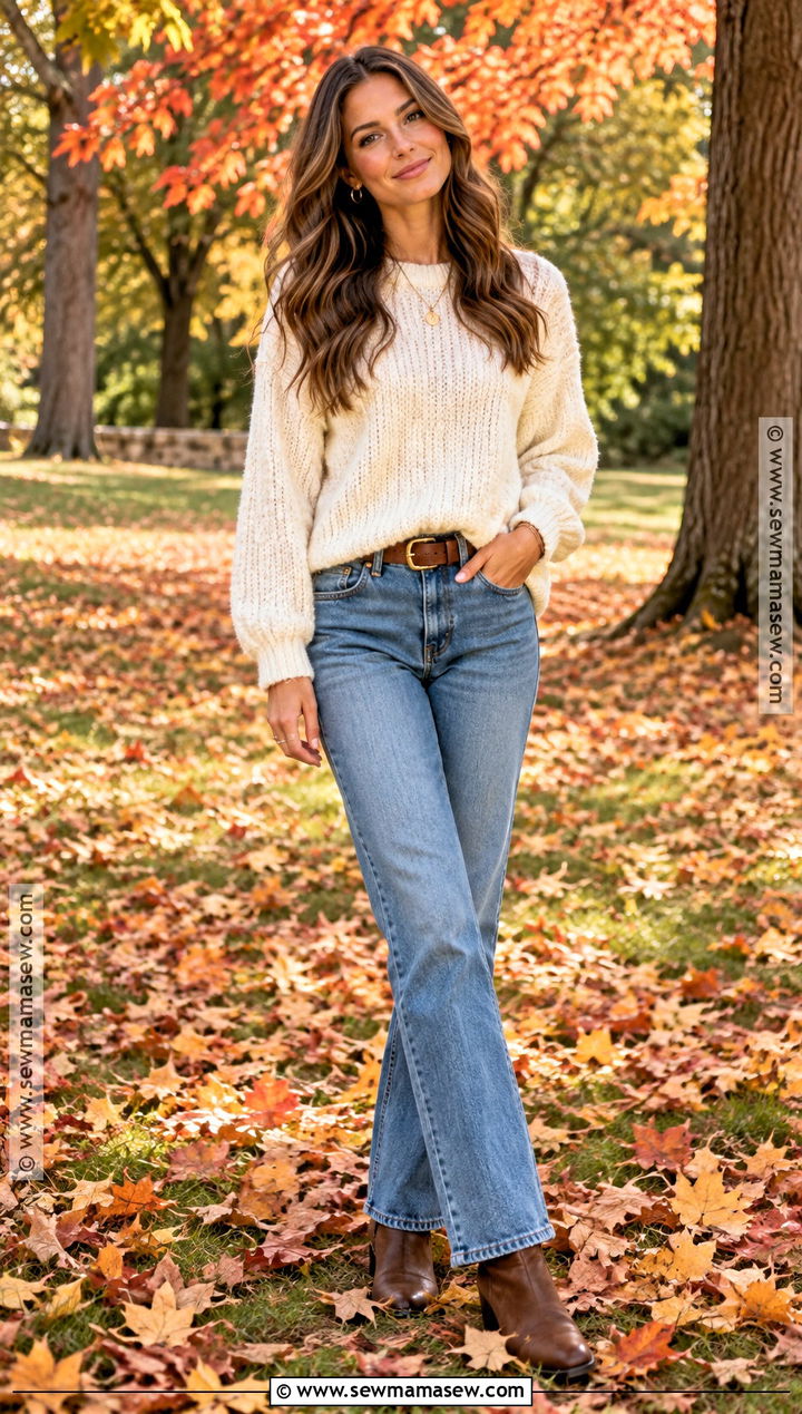 Cream Sweater And Straight Leg Jeans Fall Senior Picture Outfit - 15 fall outfits for senior pictures photo shoot