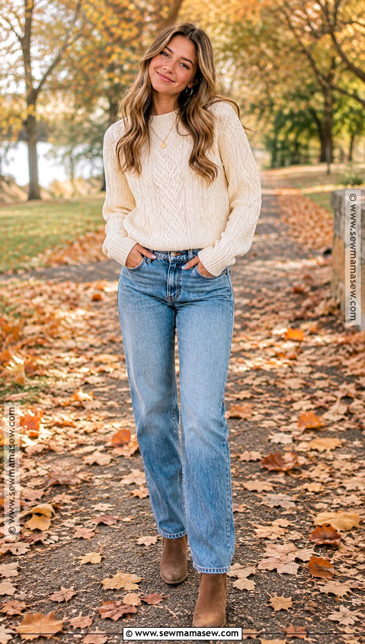 Cream Sweater And Straight Leg Jeans Fall Senior Pictures Outfit - 25 fall senior pictures outfits