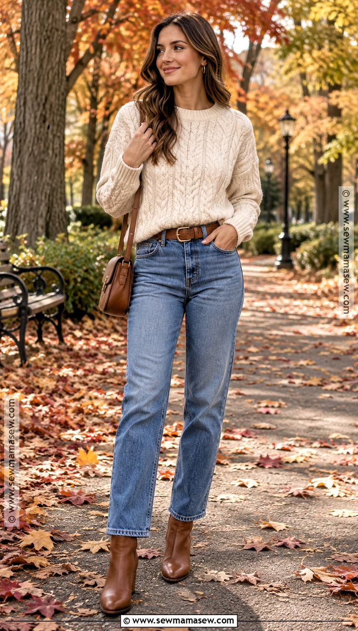 Cream Sweater And Straight Leg Jeans Outfit - 20 Autumn Photoshoot Outfits