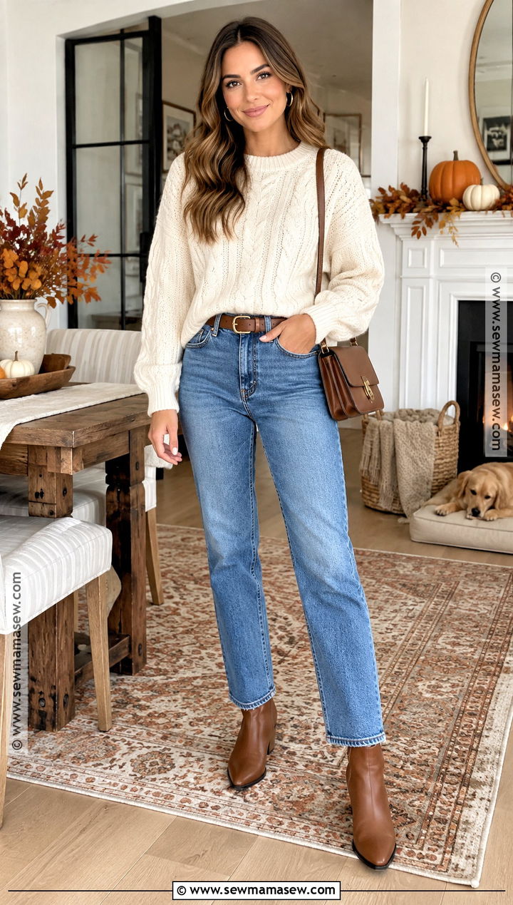 Cream Sweater And Straight Leg Jeans Outfit - 20 Thanksgiving Jeans Outfit