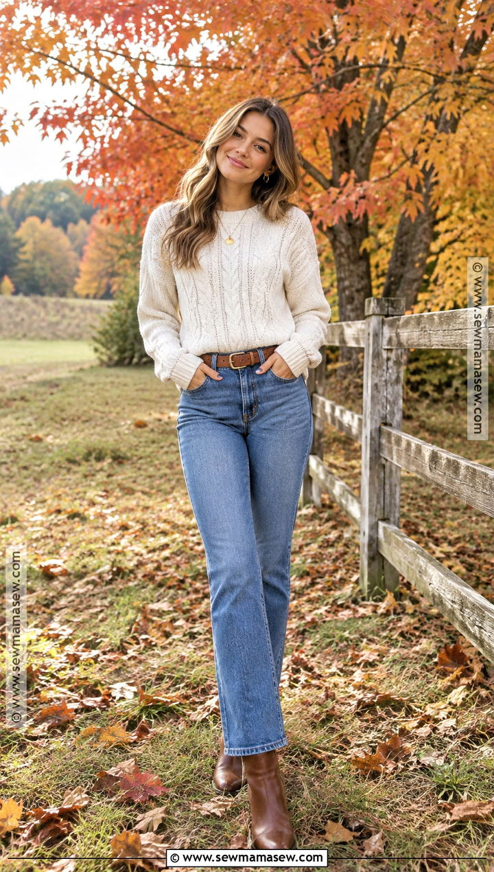 Cream Sweater And Straight Leg Jeans Outfit - 15 October Senior Pictures Outfits
