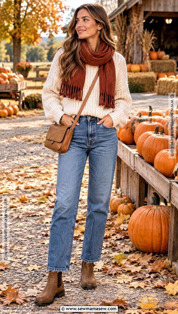 Cream Sweater And Straight Leg Jeans Pumpkin Patch Outfit - 20 Pumpkin Patch Aesthetic Outfits