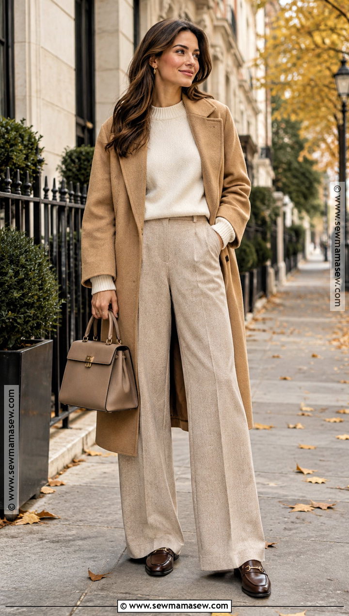 Cream Sweater And Wide Leg Trousers Fall Outfit - 15 rich girl fall outfits