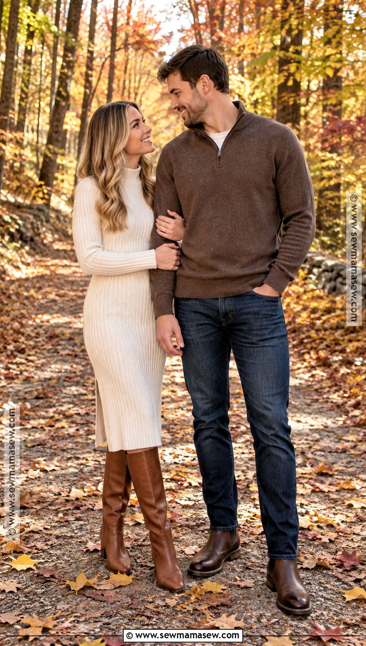 Cream Sweater Dress And Brown Quarter Zip Couple Outfit - 15 Couple Picture Outfit Ideas Fall