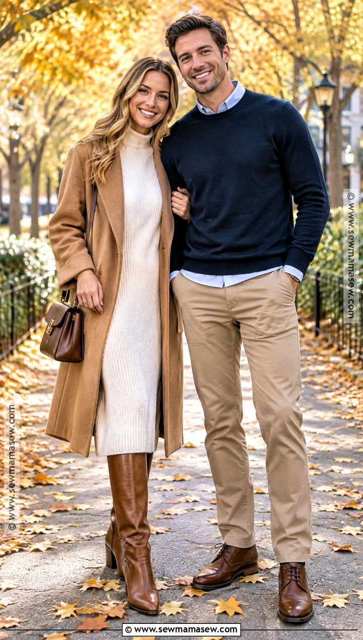Cream Sweater Dress And Camel Coat Fall Couples Photoshoot Outfit - 15 couples photoshoot fall outfit ideas
