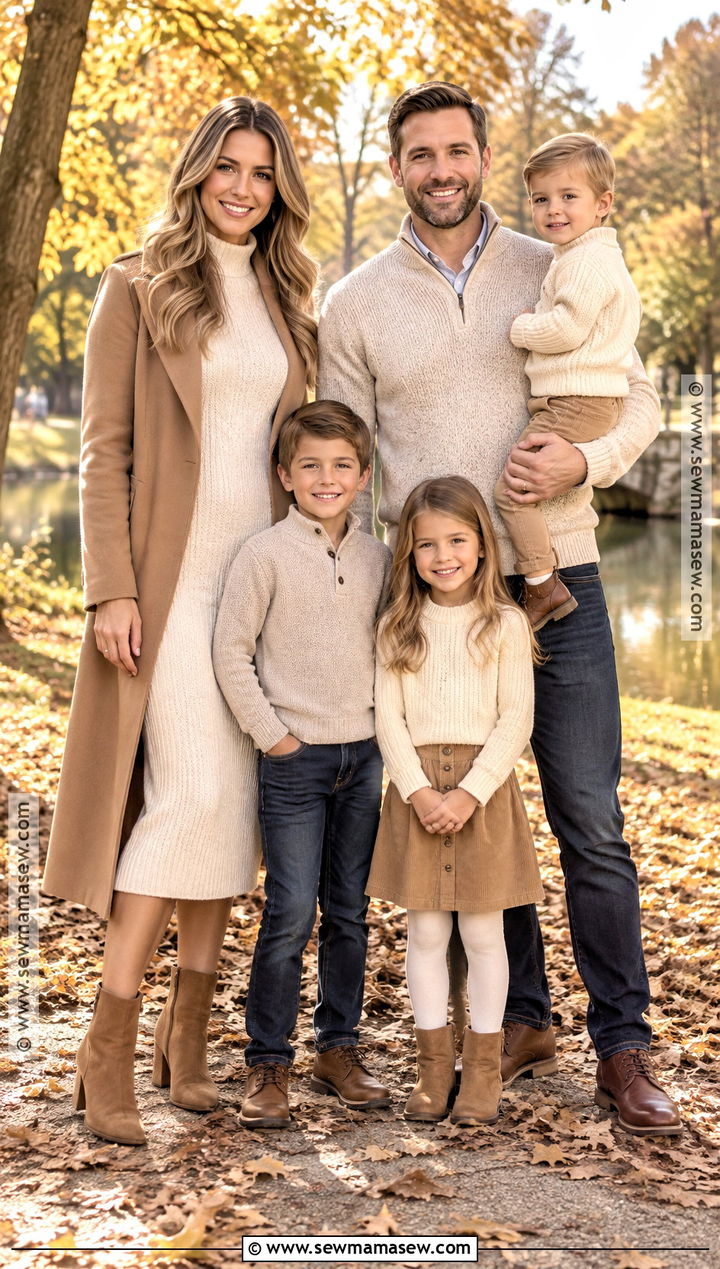 Cream Sweater Dress And Camel Family Picture Outfit - 15 Neutral Fall Outfits For Family Pictures