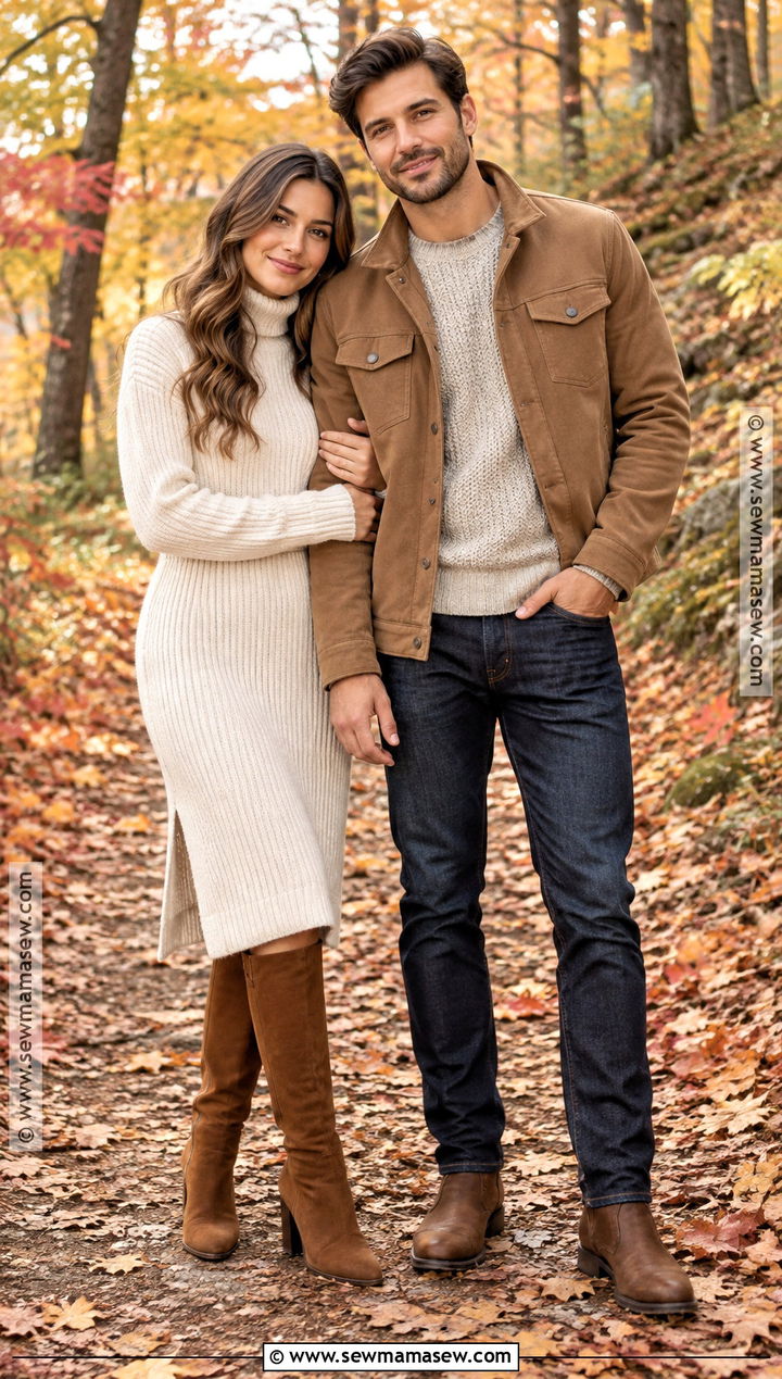 Cream Sweater Dress And Camel Jacket Fall Couple Outfit - 15 fall outfit ideas for couple pictures